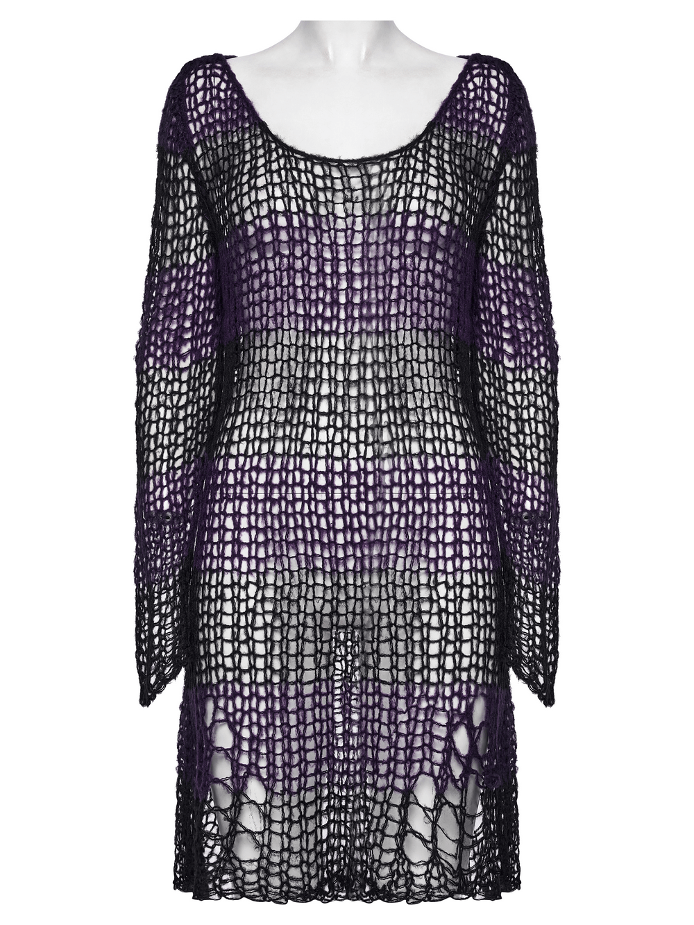 Women's Purple and Black Gothic Mesh Mohair Sweater featuring a loose open-knit construction and bold stripes.