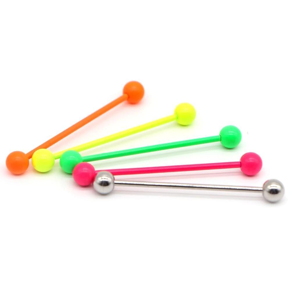 Colorful stainless steel barbell earrings in neon colors, perfect for unisex ear piercings and punk accessories.