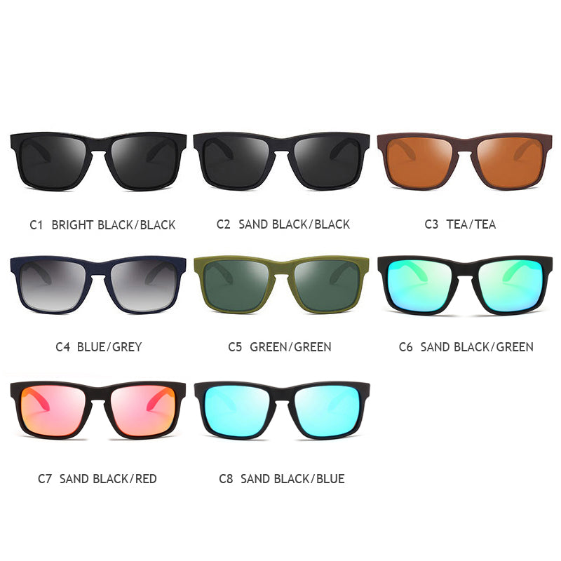 Variety of square polarized sunglasses in different colors: black, grey, green, red, and blue styles.