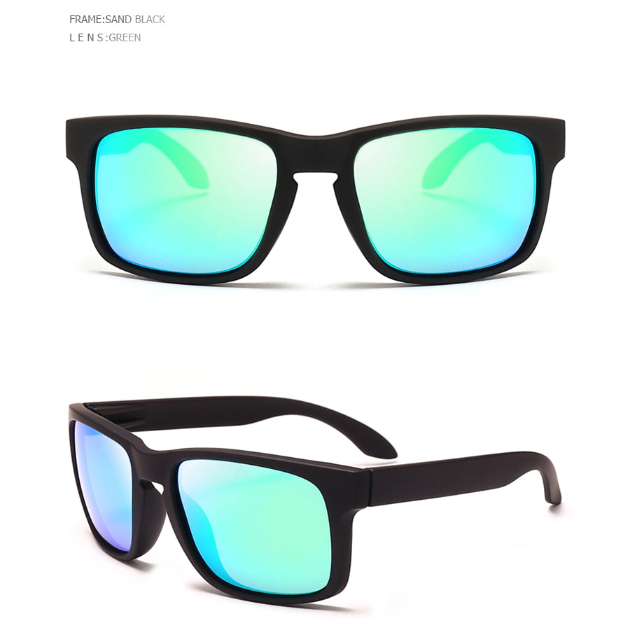 Alternative fashion square polarized sunglasses with sand black frame and green lenses, perfect for stylish summer looks.