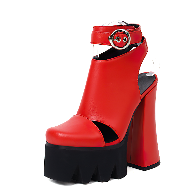 Stylish red high heel ankle strap shoes with a chunky platform, perfect for spring and summer fashion.