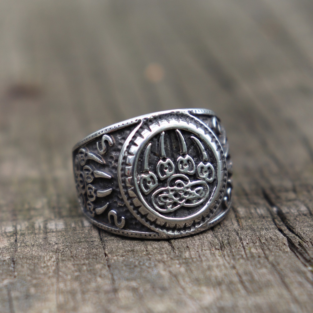 Bear Paw stainless steel ring featuring Celtic knot design, perfect unisex jewelry for any collection.