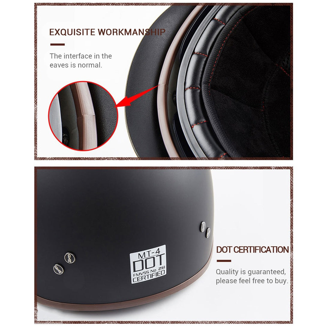 Close-up of black matt vintage half face biker helmet showcasing exquisite workmanship and DOT certification details.