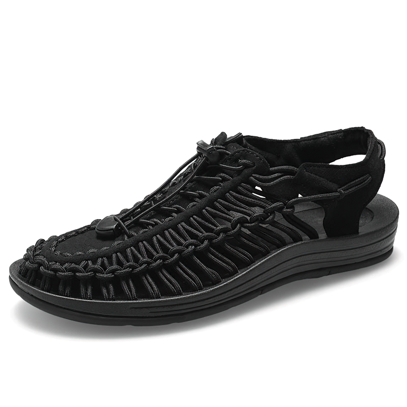 Black summer genuine leather sandals for men, featuring a stylish elastic-tied design and comfortable lace-up ankle wrap.