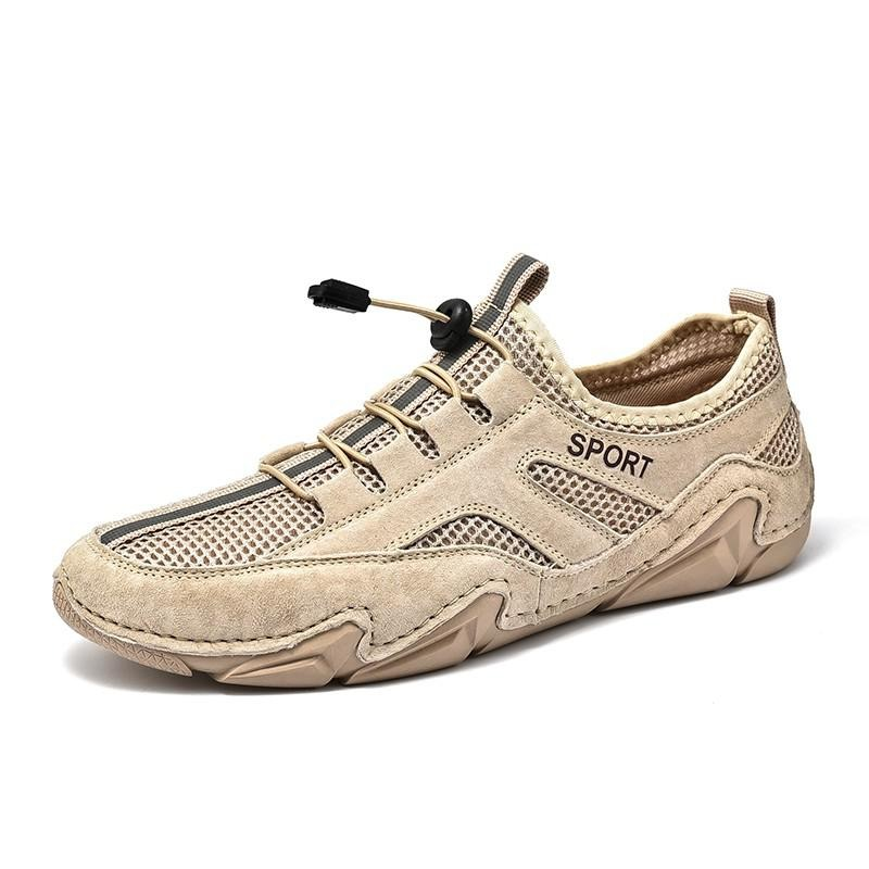 Men's casual breathable sneakers in beige with mesh inserts for comfortable sporty style.