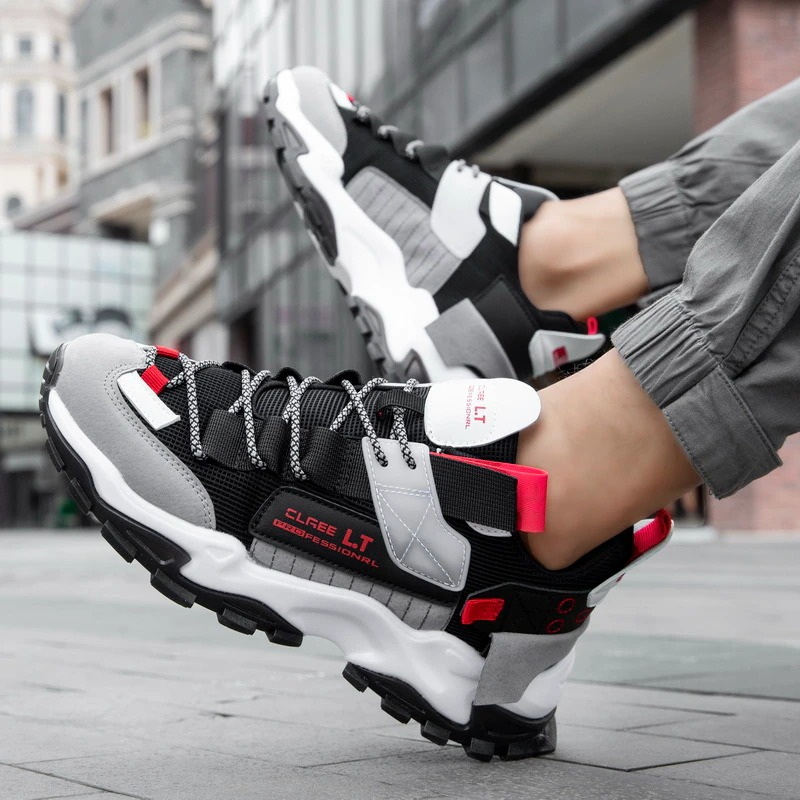Men's breathable casual sport running shoes in black, grey, and red, perfect for everyday wear and training.