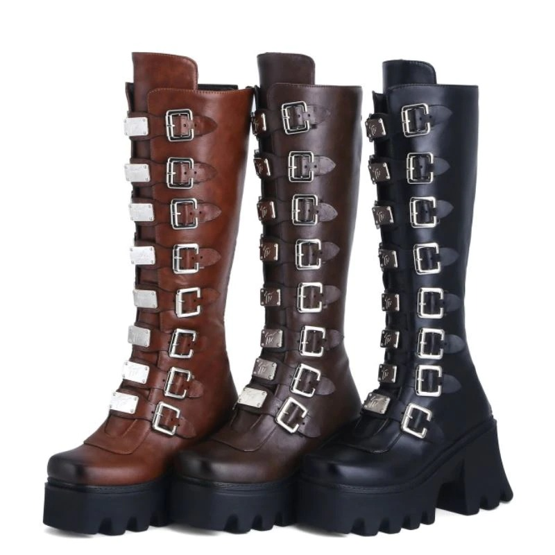 Fashion women's high zipper boots with buckles in brown, dark brown, and black colors, featuring thick platform soles.