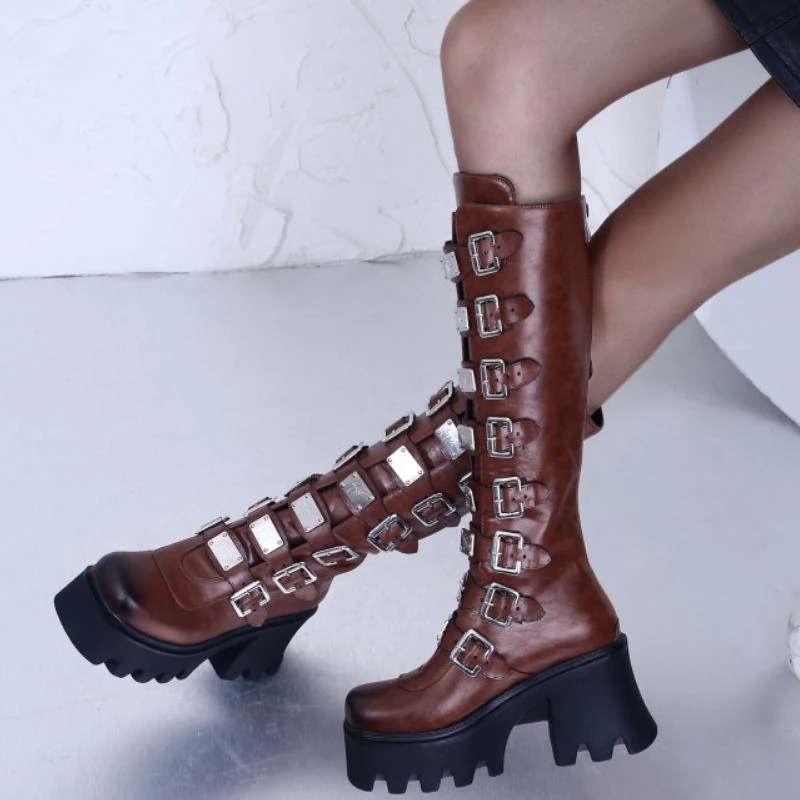 Trendy women's brown PU leather high boots with buckles and thick platform, perfect for casual fashion.