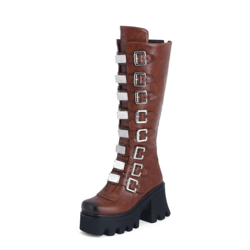 Fashion women's brown zipper high boots with buckles and thick platform sole, trendy and stylish for casual wear.