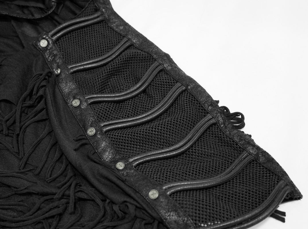 Close-up of gothic black T-shirt detailing with fringes, slashed mesh, and studs for a trendy look.