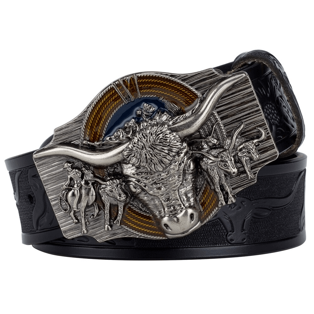 Men's vintage leather belt featuring a unique bull head buckle with intricate detailing.