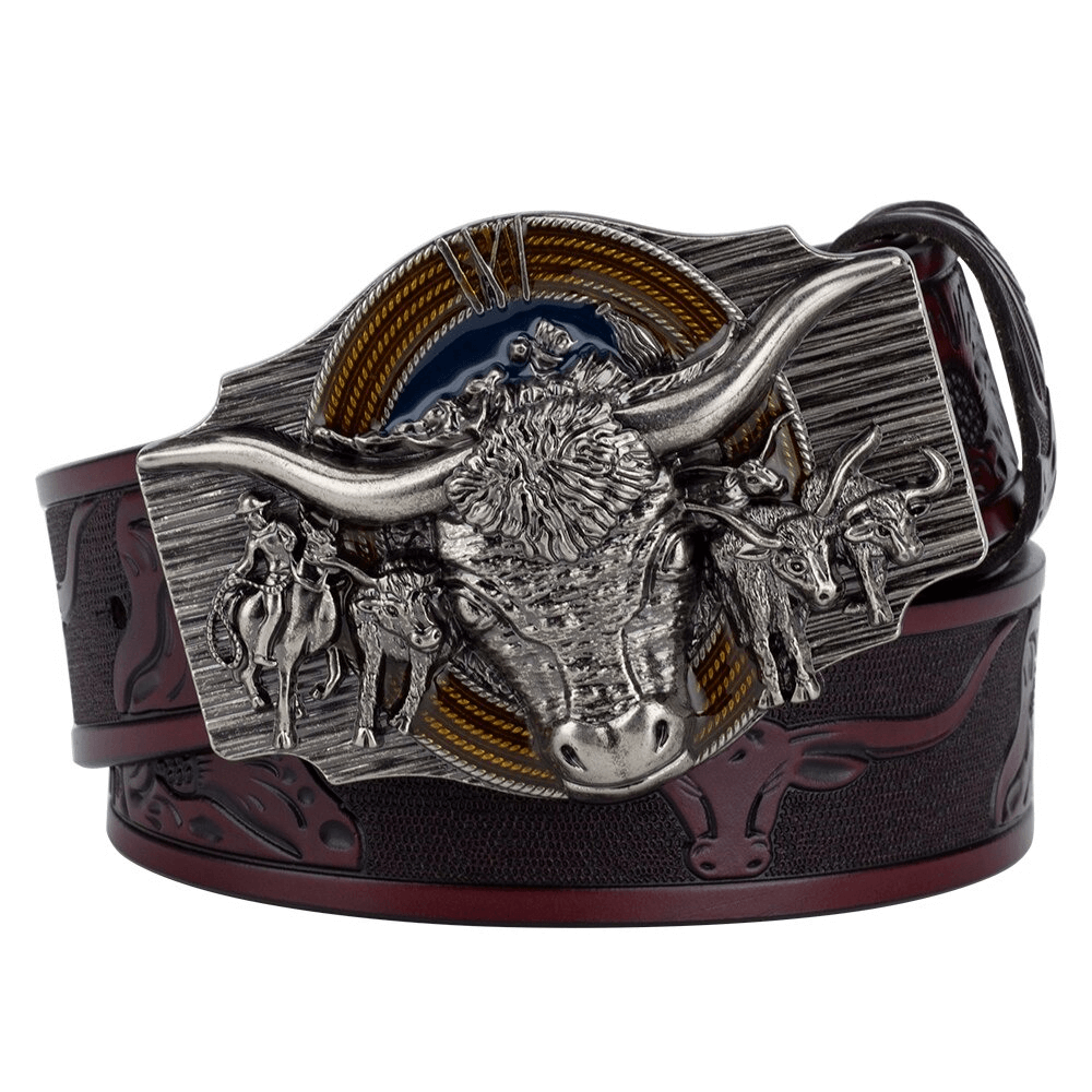 Men's vintage cow pattern belt with a striking bull head buckle, perfect stylish accessory for casual outfits.