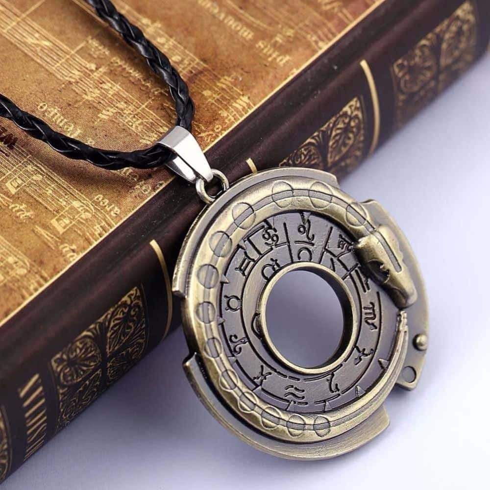 Mystic Snake Rune Pendant Necklace on black leather rope, featuring detailed symbols, perfect for trendy, protective jewelry.