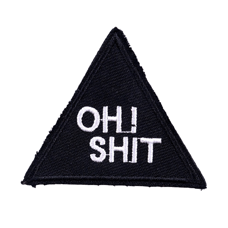 Triangular 'Oh Shit' iron-on patch in black, stylish unisex casual accessory for clothing decoration.