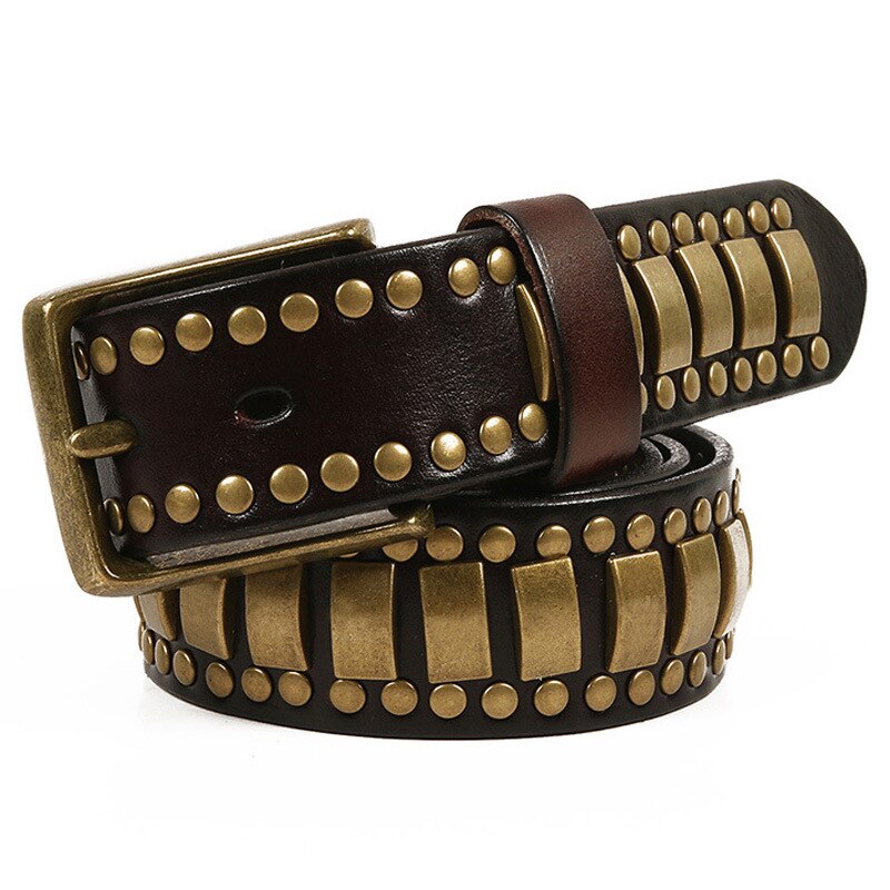 Rock belts with geometric rivet design for men and women, adding an edgy touch to any outfit.