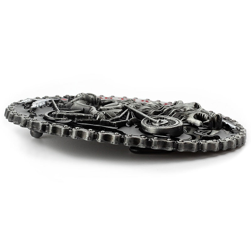 Motorcycle and wolf belt buckle showcasing a detailed biker design, perfect for rockers and unique fashion statements.