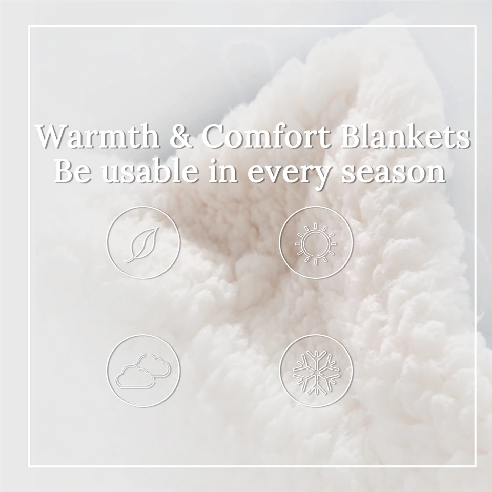 Close-up of a plush blanket highlighting warmth and comfort for every season with seasonal icons.