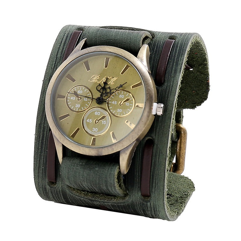 Vintage rock style watch with gold dial on green leather strap; perfect for unique goth outfits.