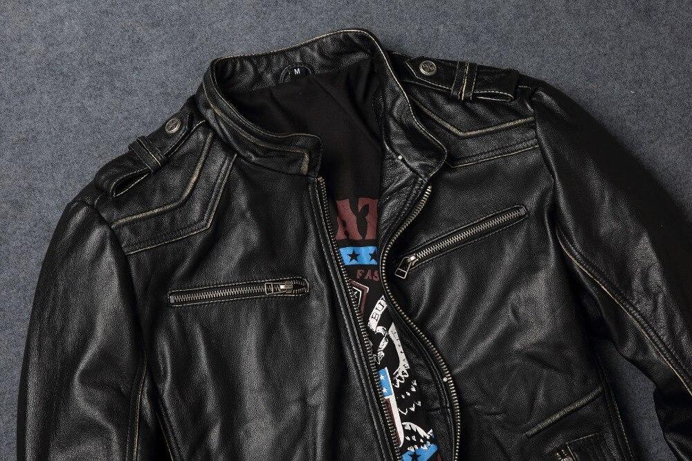 Classic vintage black leather biker jacket for men with zippers and stylish rock design.