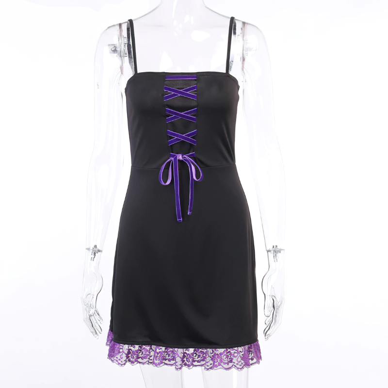 Vintage black mini dress with purple laces and lace hem, perfect for gothic parties and stylish nights out.