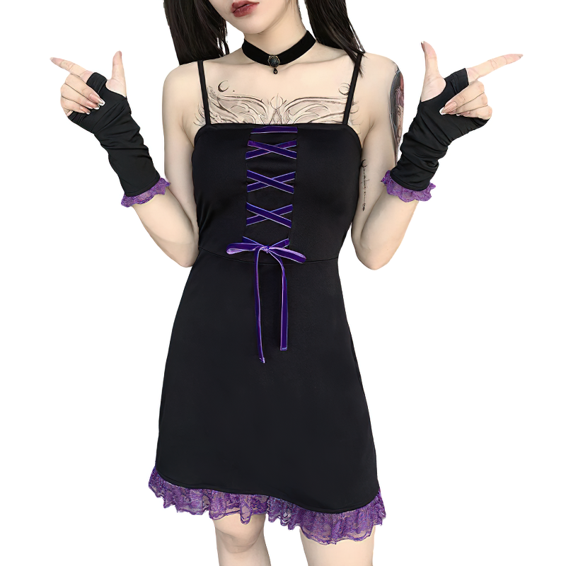 Gothic style vintage black dress with lace details, spaghetti straps, and ruffle hem, perfect for cosplay or a night out.