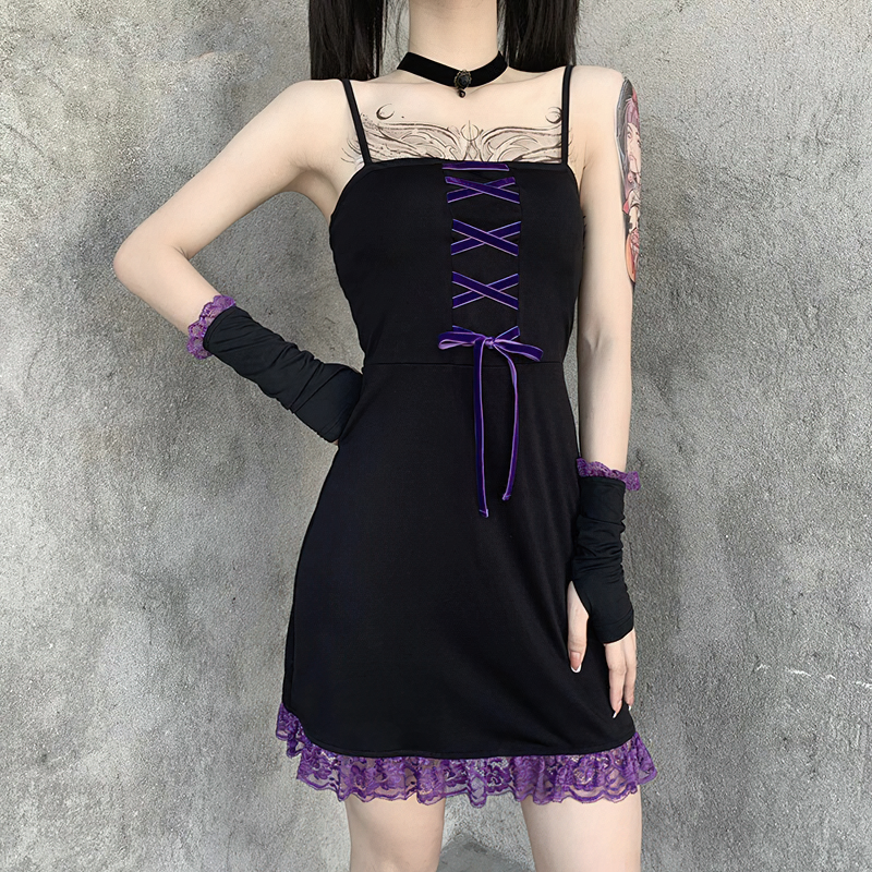 Vintage women's lace gothic style black mini dress with spaghetti straps and ruffle hem, perfect for cosplay or a night out.