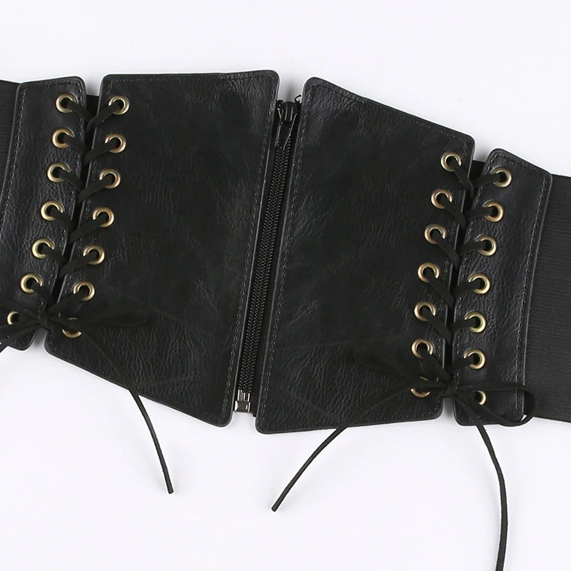Vintage women's gothic wide belt featuring lace-up details and zipper in quality PU leather.