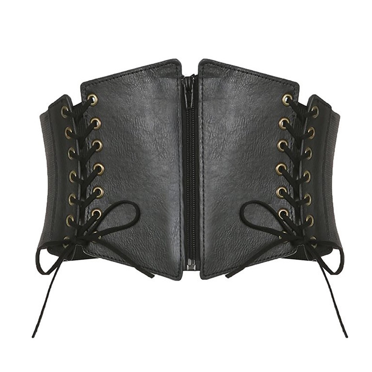 Vintage women's gothic style wide belt featuring lace-up and zipper accents in quality PU leather.
