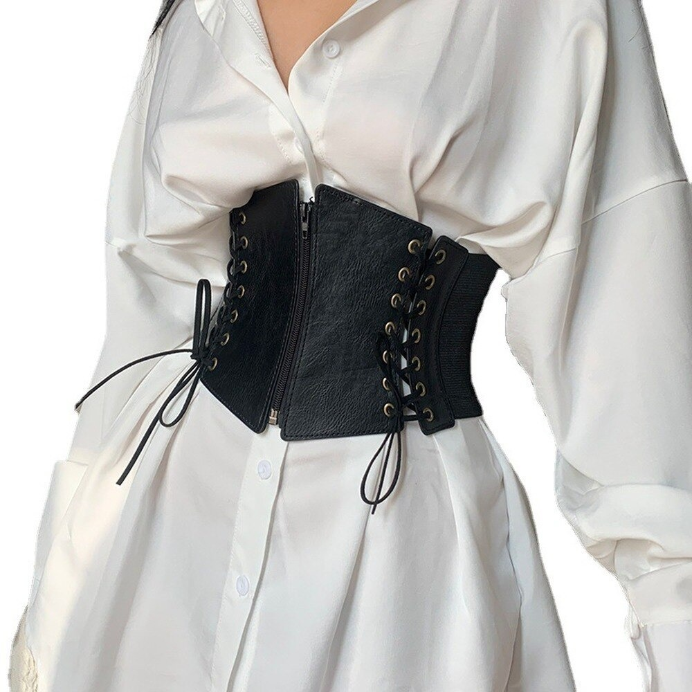 Vintage women's PU leather gothic wide corset belt with lace-up and zipper accents.
