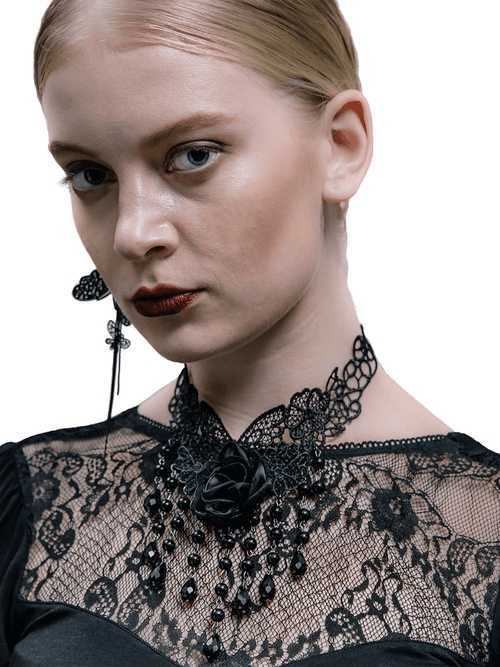 Women's Black Lace and Rose Necklace / Stylish Necklace with Adjustable Chain