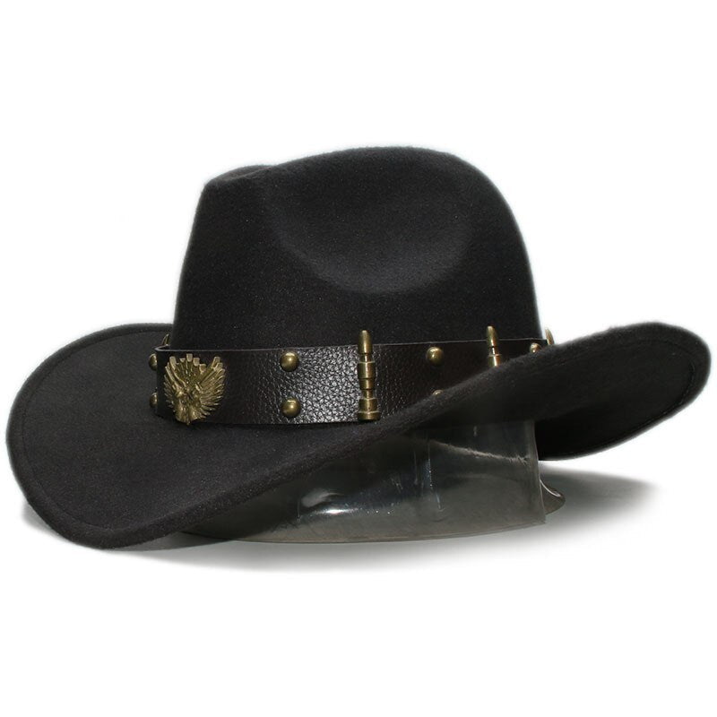Black woollen fedora hat with leather belt and decorative rivets, perfect for cowboy parties and stylish outfits.
